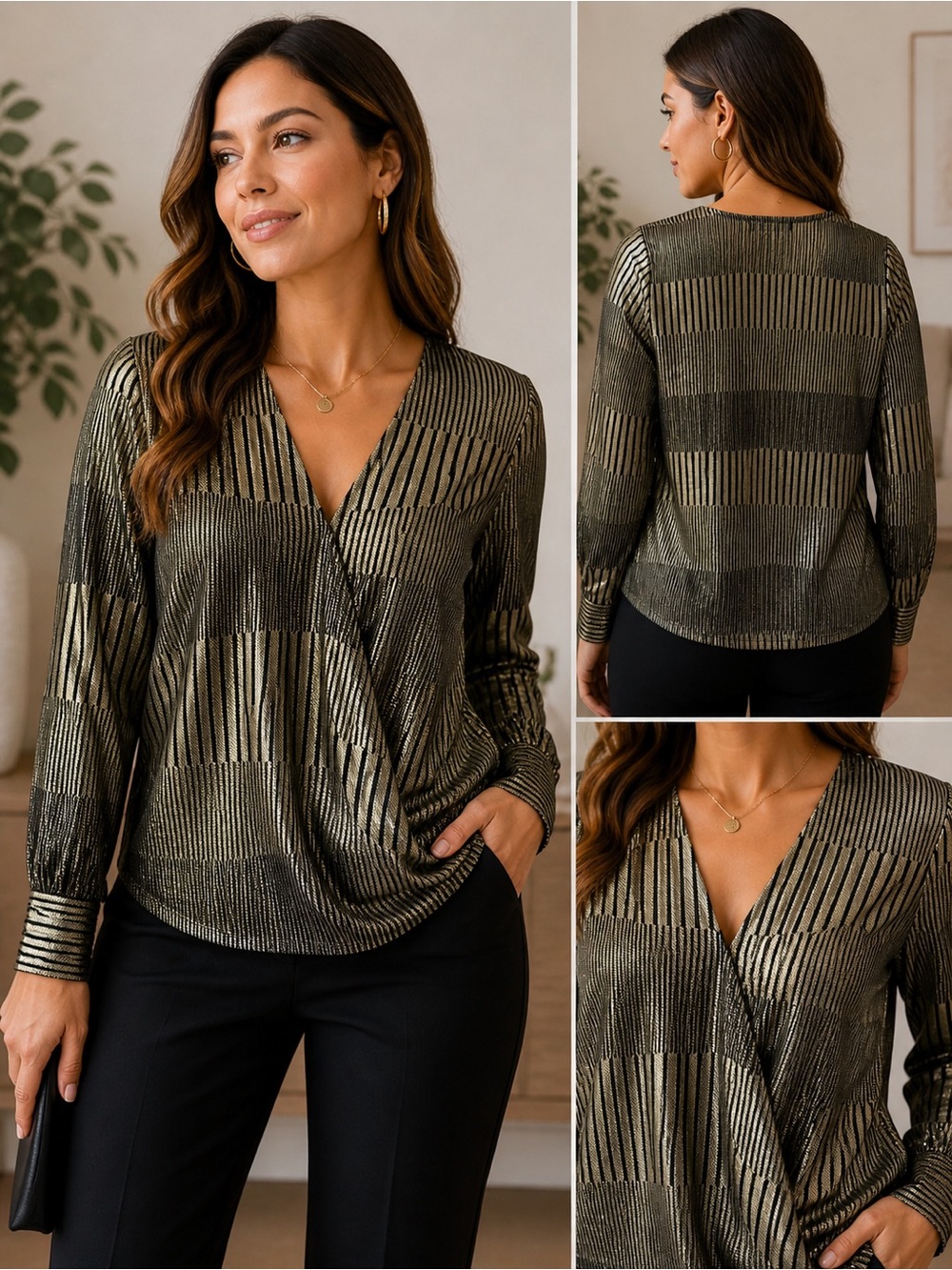 Bellini Black Gold Metallic Sheer Wrap Blouse Size M Elegant Party Top